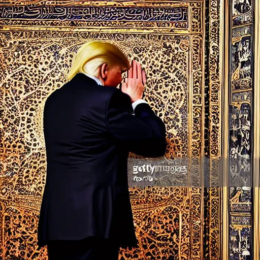 Image similar to Trump praying in mosque, award winning cinematic photography, 50 mm, blurred background, trending on Shutterstock