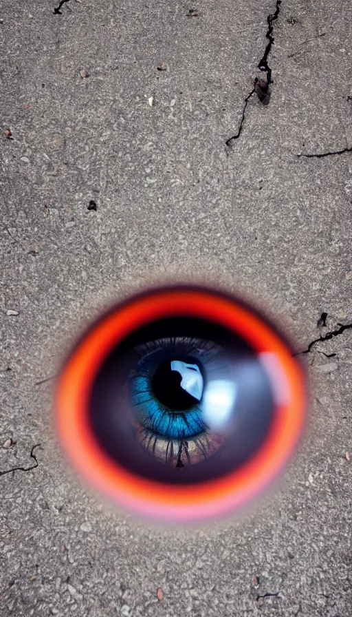 Image similar to photo of a human eye open on an asphalt road, realistic photo, shot with a gopro, looming, colorful, eerie