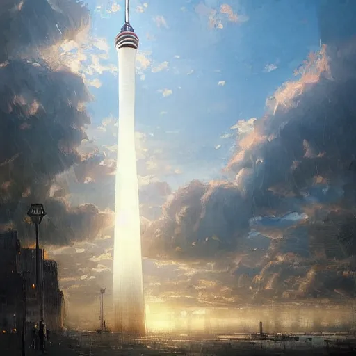 Image similar to Euromast in Rotterdam, soft, light, bright, epic, awesome,digital art, by Simon baek and Greg rutkowski