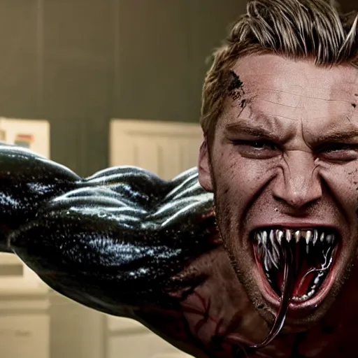 Image similar to Mackenzie Gray as Eddie Brock from Venom (2018), 4k, insanely detailed, fangs