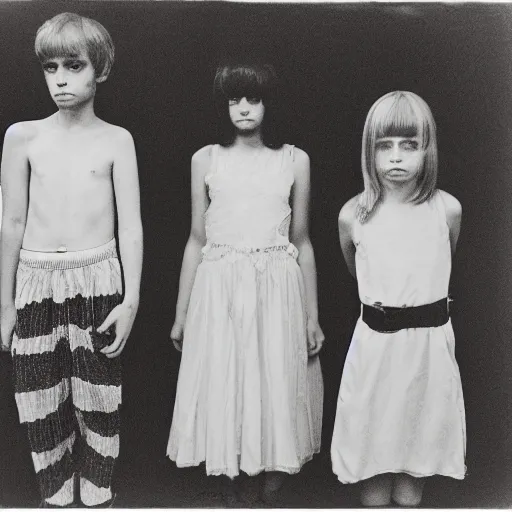 Prompt: portrait of other worldly beings by Diane Arbus, 50mm, black and white photography
