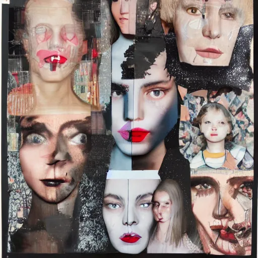 Image similar to a collage made out of fragments of printed images taken from online , fashion magazines, and family photographs all coming together to form hybrid faces with twisted features in the Dadaesque style, mixed media