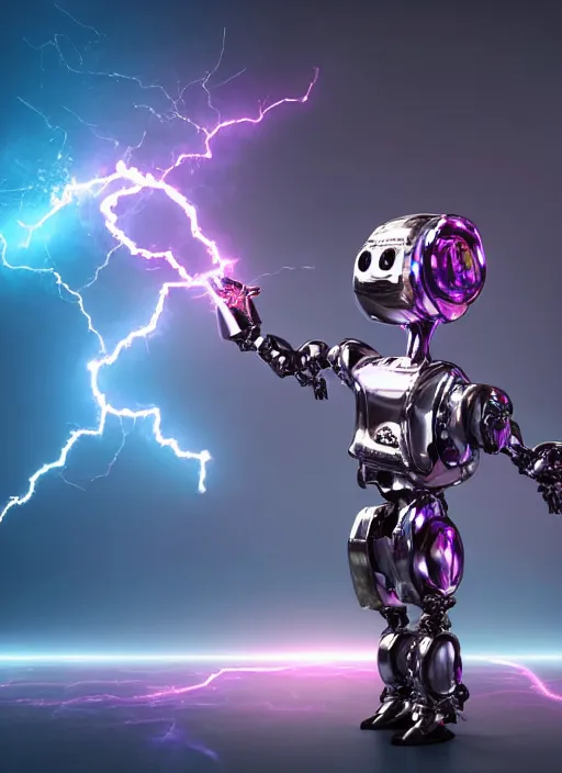 Image similar to apocalyptic scene, a cute humanoid robot holds a trophy over his head with purple and teal lightning in the background