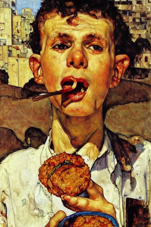 Image similar to portrait of an israeli man eating a falafel in tel aviv, norman rockwell, egon schiele