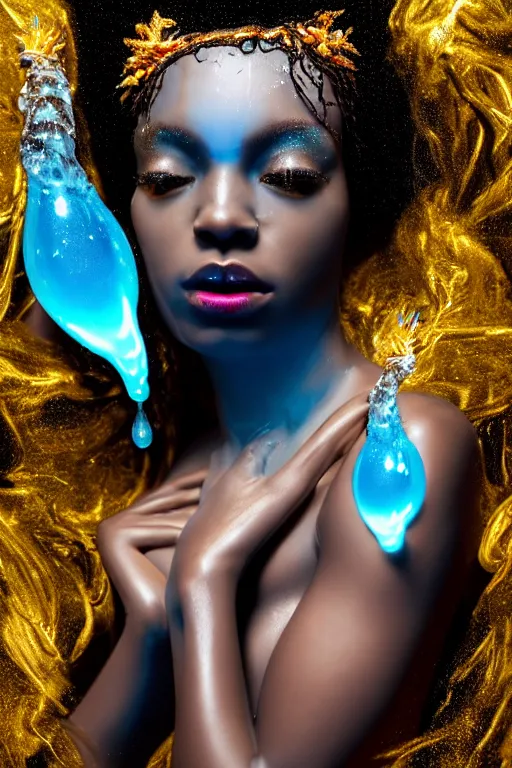 Image similar to hyperrealistic post rococo cinematic very expressive! black oshun goddess, in water up to her shoulders, translucent dripping droplet!, gold flowers, highly detailed face, digital art masterpiece, smooth eric zener cam de leon dramatic pearlescent blue back lighting, low angle uhd 8 k, sharp focus