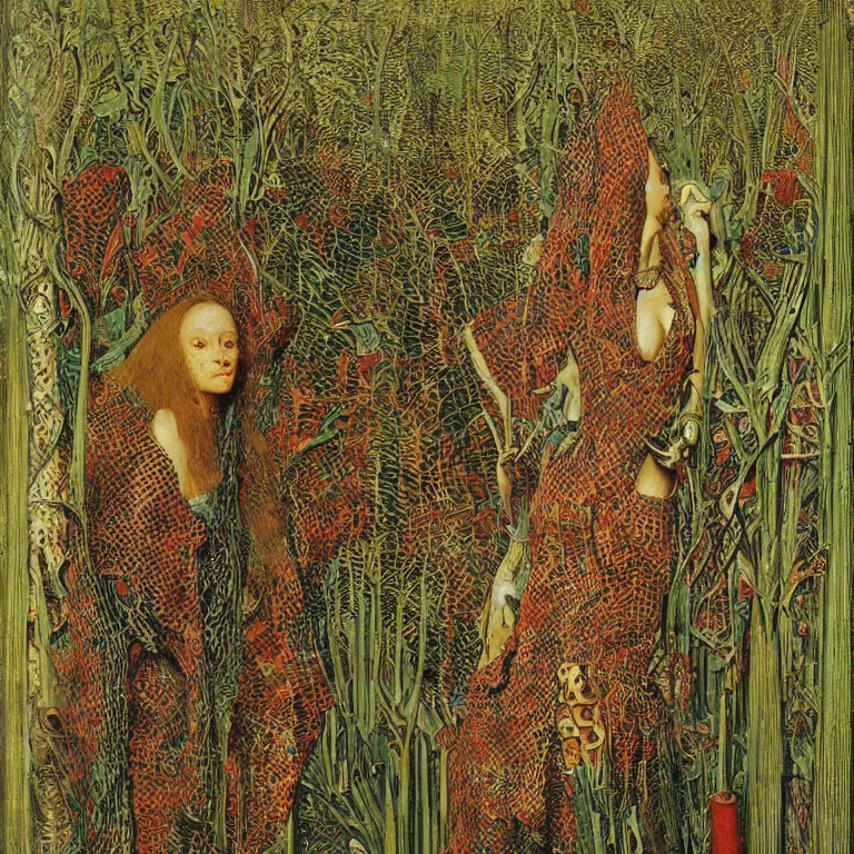 Image similar to a animalistic woman with her skin covered in patterns, fish scales, snake skin, her face looks like a orchid, huge plants tower around her, jan van eyck, max ernst