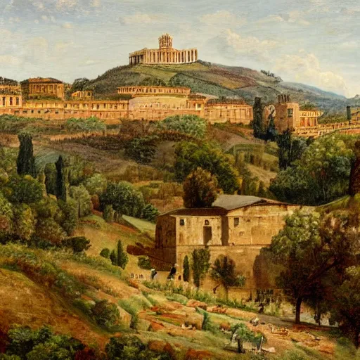 Prompt: a very detailed painting of a hill, ancient rome stands behind it in the distance, thick brush strokes, visible layers of paint.