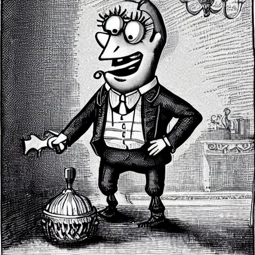 Image similar to etching of spongebob as a very rich aristocrat