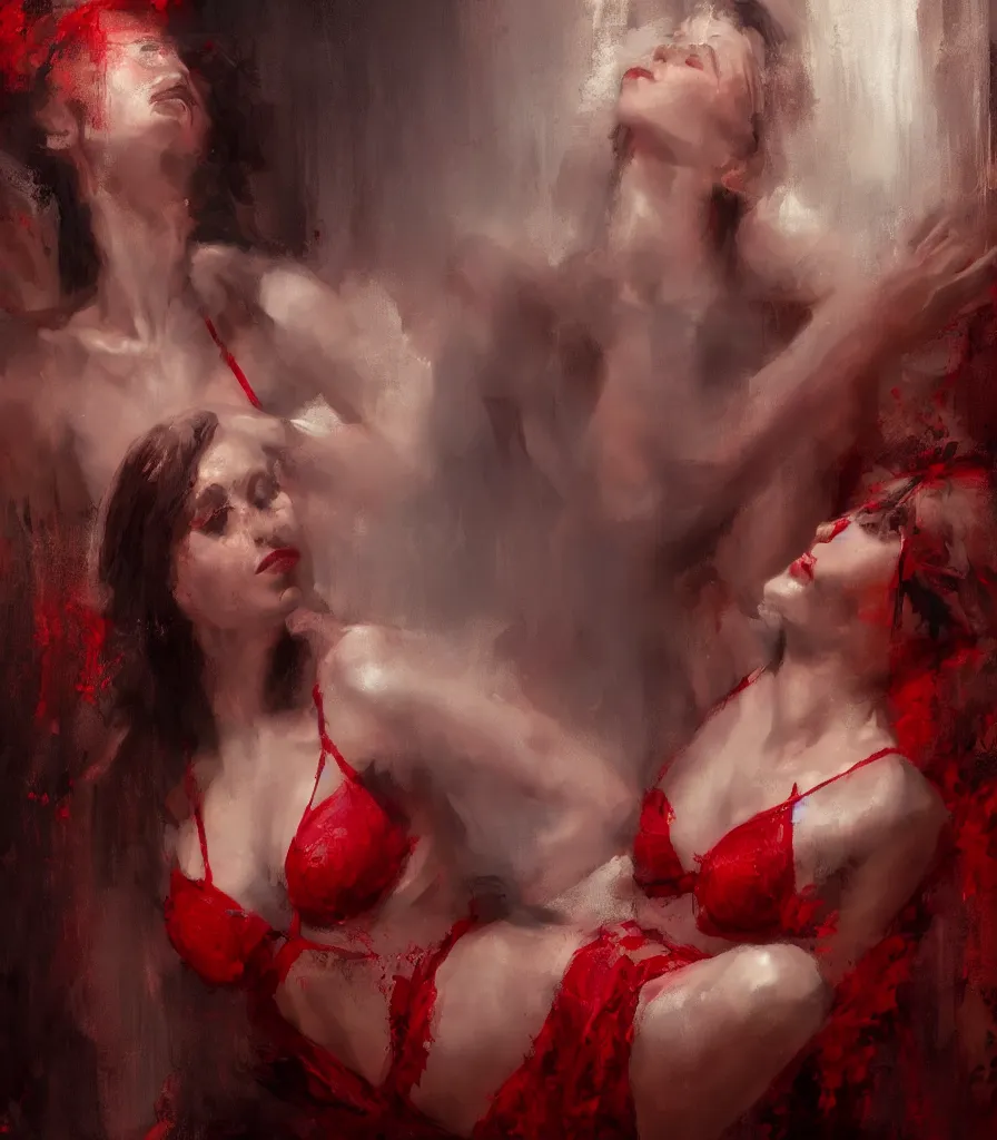 Prompt: hyperrealistic portrait of a goddess like brazilean model presenting red lingerie, by jeremy mann the garden, fantasy art, photo realistic, dynamic lighting, artstation, poster, volumetric lighting, 4 k resolution, award winning