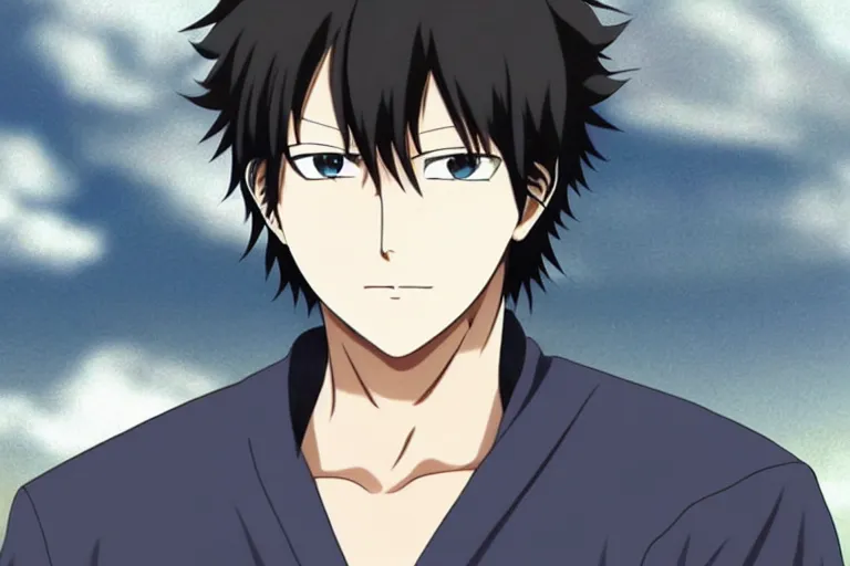 Image similar to A handsome man，Black short hair, blue eyes, Hijikata Toushirou of Gintama,Kyoto Animation