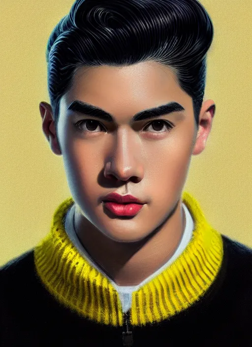 Image similar to portrait of young reggie mantle, mean smirk, egotistical, slicked back hair, striped yellow and black sweater, 1 9 5 0 s, intricate, elegant, glowing lights, highly detailed, digital painting, artstation, concept art, smooth, sharp focus, illustration, art by wlop, mars ravelo and greg rutkowski