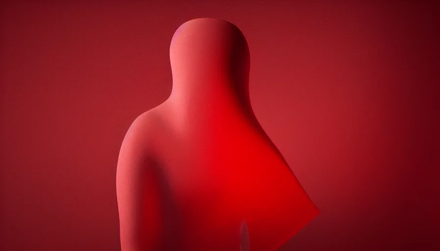 Image similar to enigmatic figure wrapped in red sheet in darkness, high contrast, hard light, digital art, rendering, cloth simulation, redshift