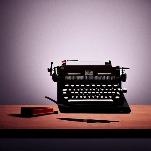 Image similar to painting of a typewriter on a desk in a dimly lit room, volumetric lighting, style of greg rutkowski