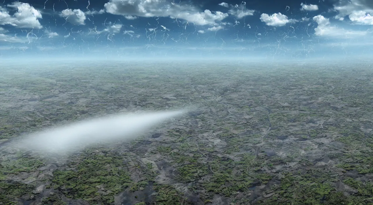 Image similar to Big drops of water flying upwards from a dried up river into a cloudless blue sky, hyper detailed photorealistic