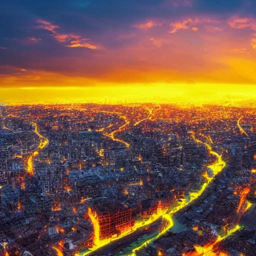 Image similar to a city in flames, yellow sky, 8k resolution