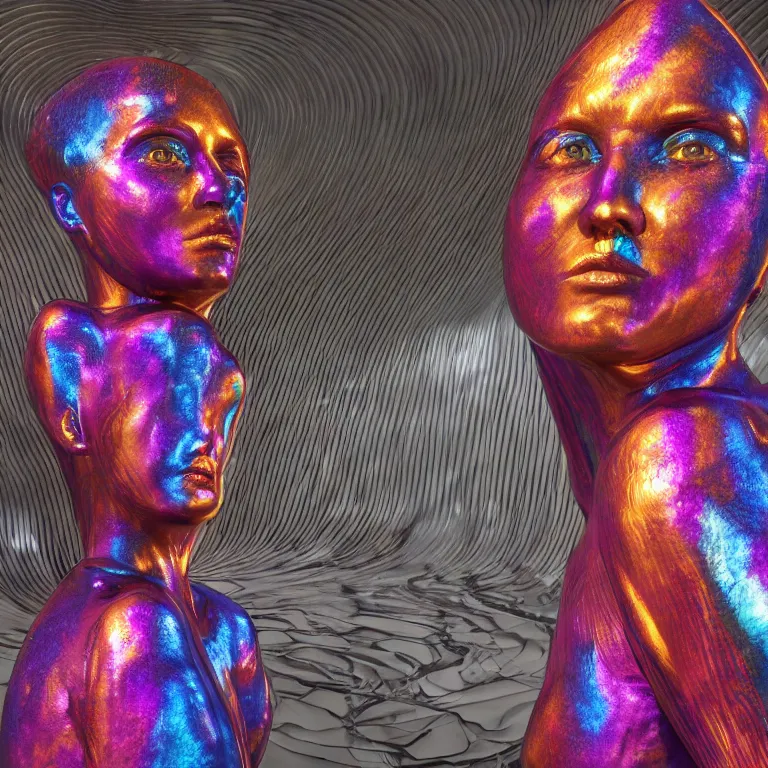 Prompt: octane render portrait by wayne barlow and carlo crivelli and glenn fabry, a giant shiny smooth reflective colorful tie - dye metal statue of a beautiful woman inside a giant massive dramatic cavernous art gallery, cinema 4 d, ray traced lighting, very short depth of field, bokeh