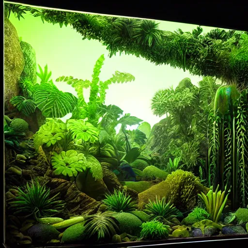 Prompt: « detailed, low luminosity jungle, far view, luminescent plants »