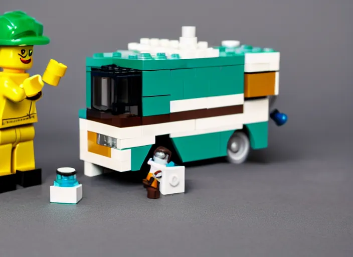 Image similar to product photo still of lego walter white with a lego winnebago in the background, 8 k, 1 2 0 mm macro, f 1. 8, studio lighting, key light