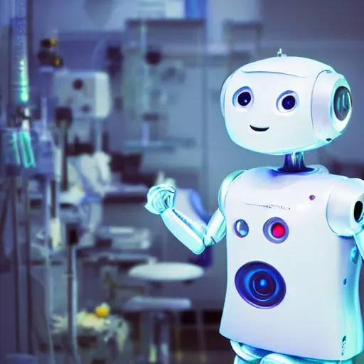 Prompt: a cute little robot looking up to the camera in awe, made out of shiny white metal, standing in a lab surrounded by lab tools, photograph, white neon lighting, pixar style, futuristic, science fiction