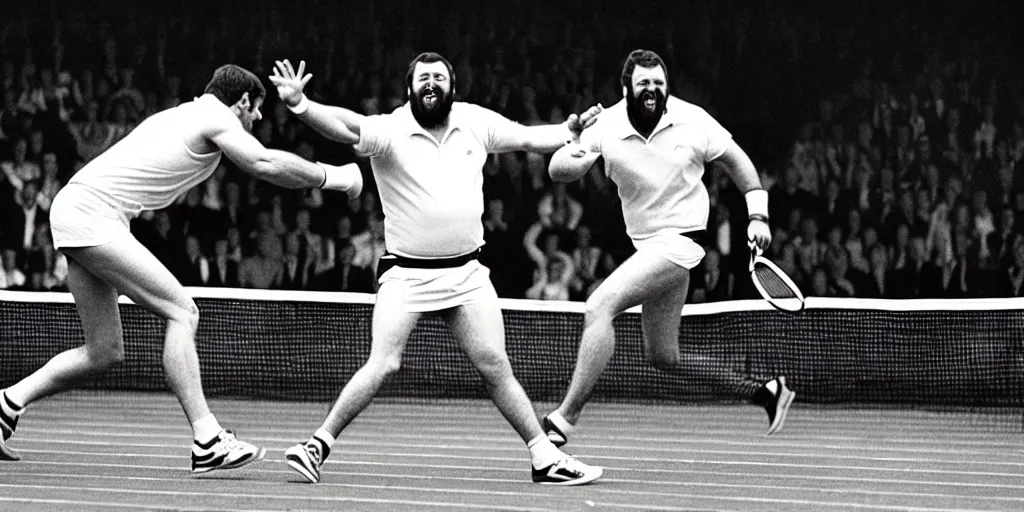 Prompt: photo of geoff capes winning wimbledon tennis final with steve silk hurley