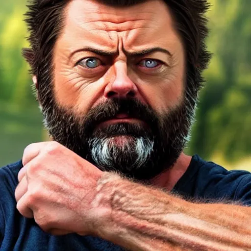 Image similar to logan wolverine with claws off his wrist as nick offerman, photorealistic mervel movie still, detailed, 8 k
