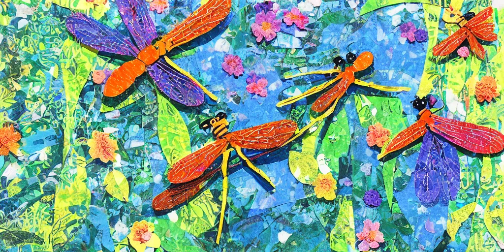 Image similar to dragonfly swarm dancing in the calm summer air above a peaceful stream. hand - painted collage cut paper. by eric carle