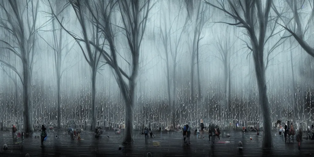 Prompt: a forest of weeping ghosts, carnival, playground, sad, dark, melancholy, night, rain, extremely, wide angle, super highly detailed, professional digital painting, artstation, concept art, smooth, sharp focus, no blur, no dof, extreme illustration, Unreal Engine 5, Photorealism, HD quality, 8k resolution, cinema 4d, 3D, beautiful, cinematic, art by artgerm and greg rutkowski and alphonse mucha and loish and WLOP