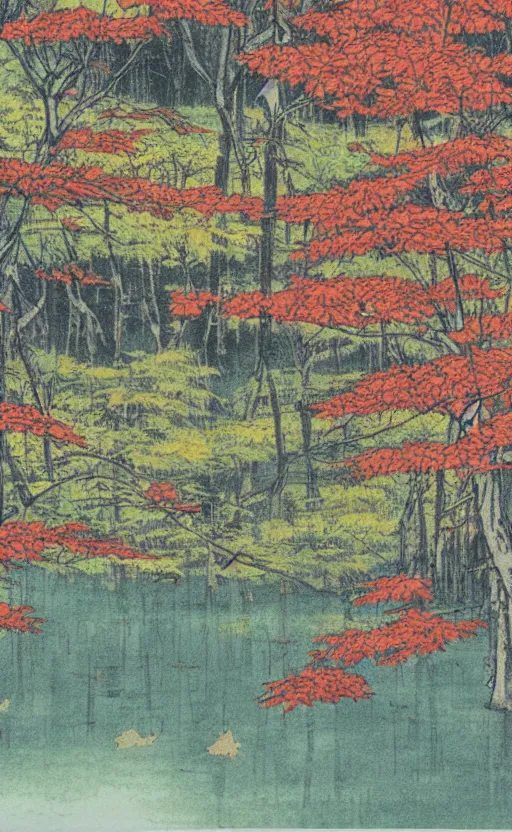 Prompt: by akio watanabe, manga art, a maple forest opens to big water pond, fall season, trading card front