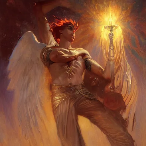 Image similar to attractive male deity casts light spell, summons attractive male lucifer morningstar. highly detailed painting by gaston bussiere, craig mullins, j. c. leyendecker 8 k