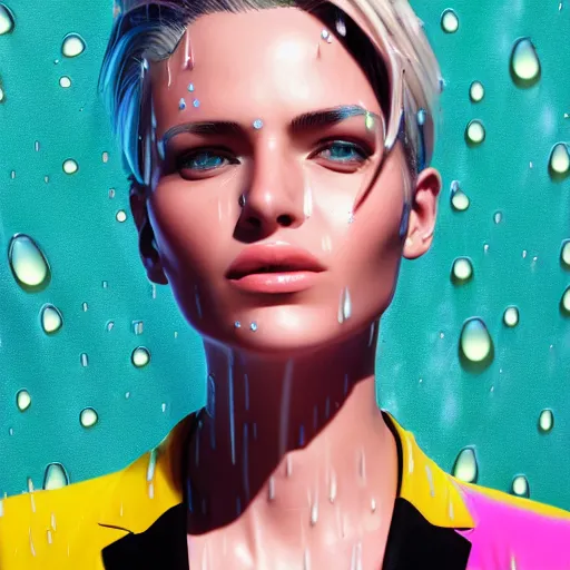 Image similar to stylish woman cartoon portrait made out of rain, pinstripe suit, short blond hair, galactic background, rendered in octane, unreal engine, highly detailed, trending on artstation, realistic, splashes of neon, beautiful