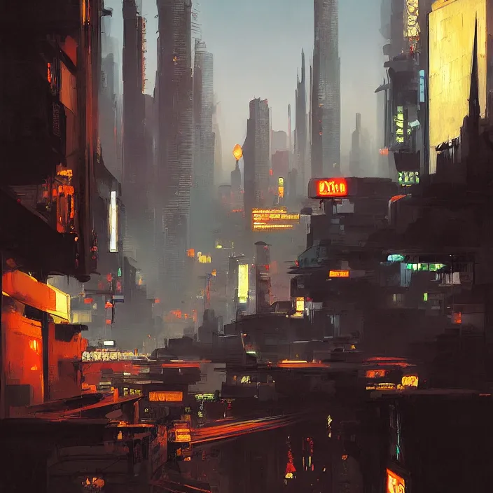 Prompt: noir skyline from cyberpunk cambodia, south east asian architecture, oriental, oil painting, detailed, by greg rutkowski, by syd mead