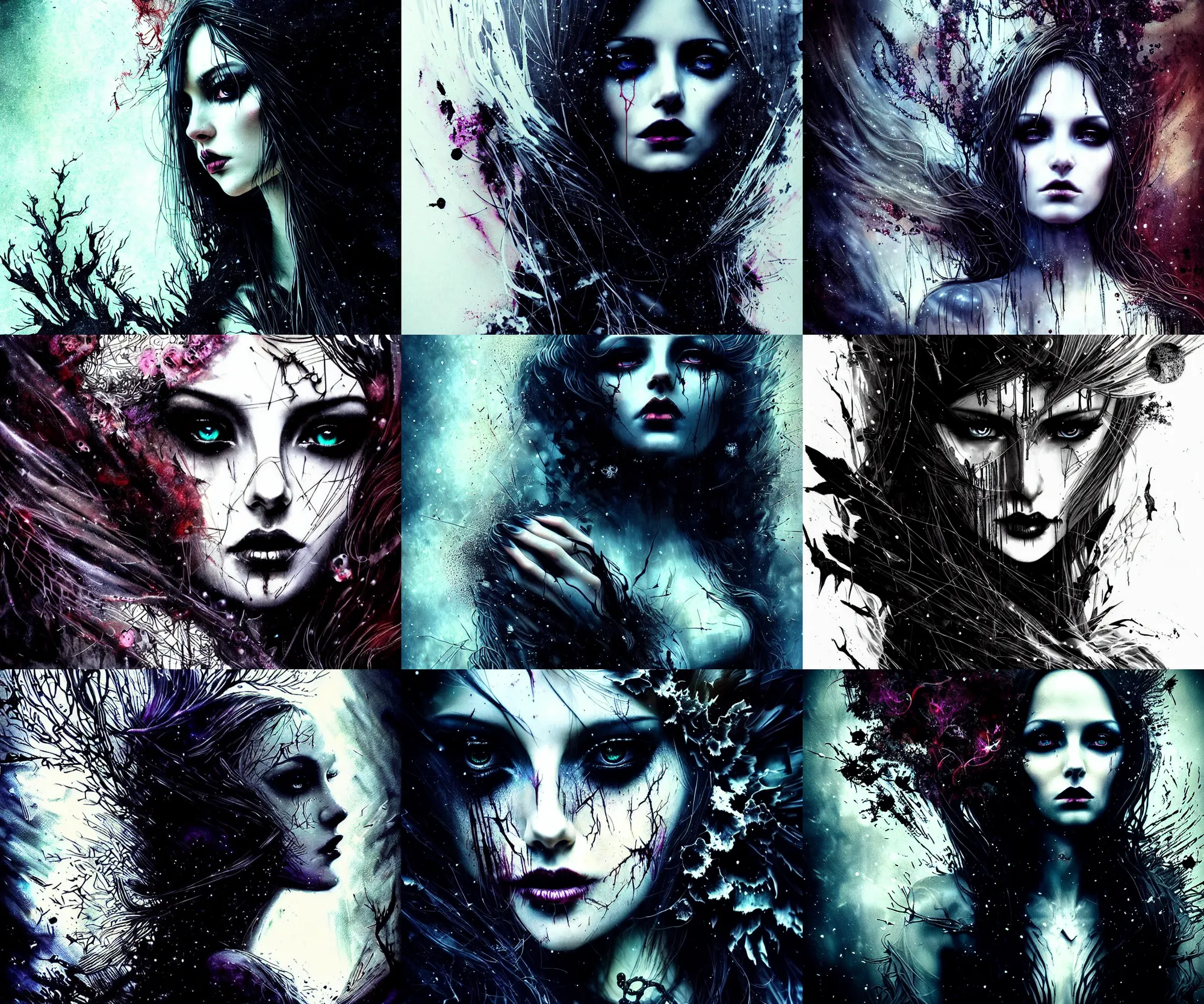 Prompt: stunning otherworldly gothic goddess of beauty, dark and mysterious, atmospheric, ominous, eerie, cinematic, epic, 8 k, 4 k, ultra detail, ultra realistic, rendered by awesomeness. nights falling wind is blowwing snow is pilling concept art in style of carne griffiths artwork by xsullo. backround by elson, peter