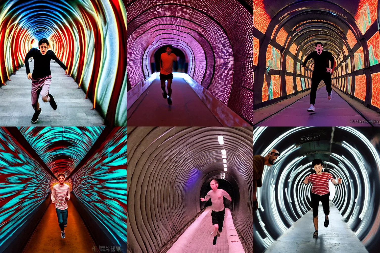 Prompt: terrified young man in a straightjacket running toward you in the Bund Sightseeing Tunnel, Shanghai, China by Alex Grey and Jeffrey Smith