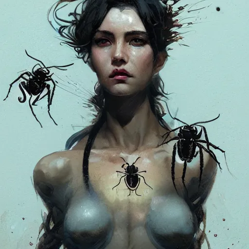 Image similar to portrait of a woman with black hair and insects coming out of her skin, trypophobia dramatic lighting, illustration by Greg rutkowski, yoji shinkawa, 4k, digital art, concept art, trending on artstation