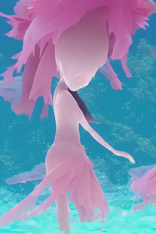 Prompt: 3D CG anime Land of the Lustrous Houseki no Kuni character Ventricosus translucent very pink jelly woman with thick chest size and pink transparent dress frills floating at the bottom of the ocean near the surface, sun rays shine through the water, beautiful composition, 3D render, cel shaded, 8k, key visual, made by Haruko Ichikawa, Makoto Shinkai, studio Ghibli, Kyoto Animation