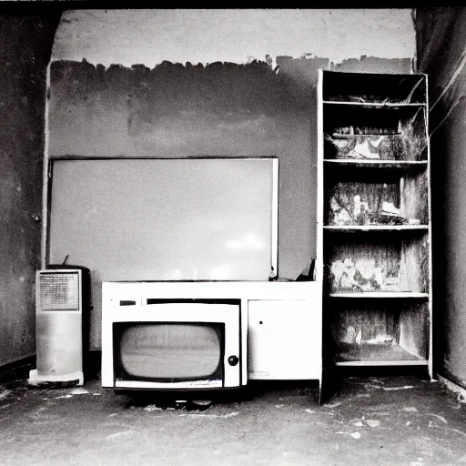 Image similar to Photograph of an old black room with a TV playing an emergency warning, dust in the air, brown wood cabinets, taken using a film camera with 35mm expired film, bright camera flash enabled, award winning photograph, creepy, liminal space