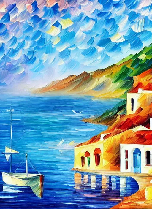 Image similar to beautiful seaside greek village in the style of leonid afremov