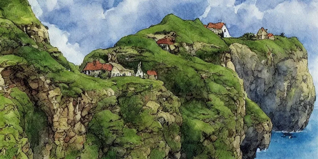 Prompt: Beautiful artwork chilling house in the edge of a cliff detailed painting vegetation trees nature people High Quality by Anton Pieck