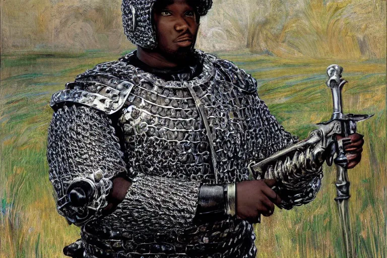 Image similar to portrait of edp445 but hes in chain mail armor by john everett millais