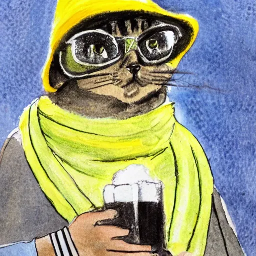 Image similar to a cat wearing a black bucket hat and a black and yellow colored scarf drinking a beer at an outdoor bar, children\'s book watercolor drawing