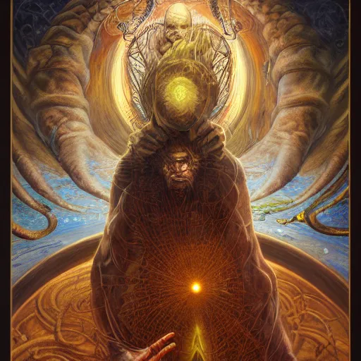 Image similar to The portal master tarot card by Tomasz Alen Kopera and Salvador Dali and moebius, impressive perspective, seen from above, masterpiece, 8k, dynamic lighting, Highly Detailed, trending on artstation