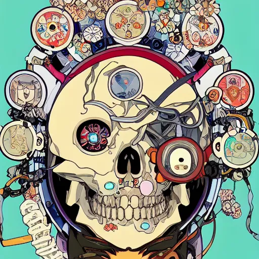 Image similar to anime manga astronaut skull portrait profile skeleton by Alphonse Mucha and Takashi Murakami Joshua Davis generative pop art nouveau