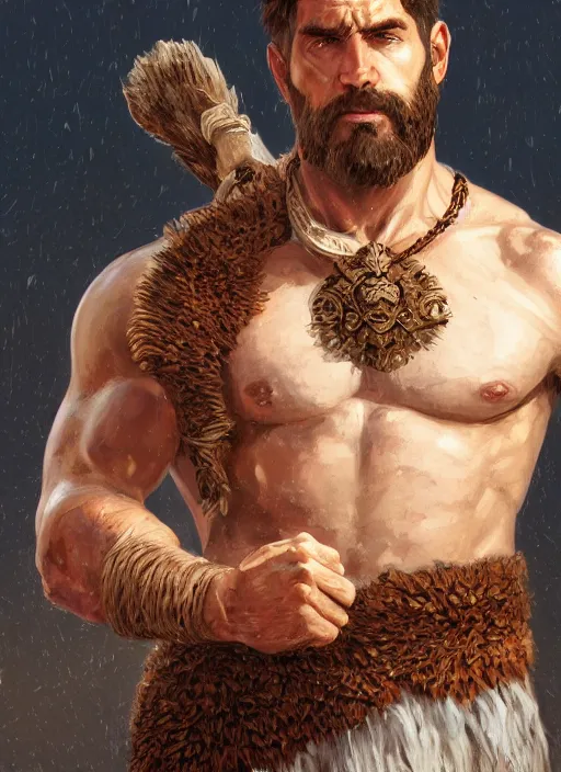 Prompt: portrait of a herculean man with brown hair, wearing a shirt made of bear fur, style of god of war, swarm of sand, intricate, elegant, highly detailed, digital painting, artstation, concept art, smooth, sharp focus, illustration, art by artgerm and greg rutkowski and alphonse mucha, 8 k