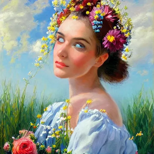 Image similar to a portrait of a romantic woman with flowers grow out of hair, roses peonies forget-me-nots dahlias lupins gladioli, sky theme in background, by Alexandr Averin, Digital Art, Trending on artstation