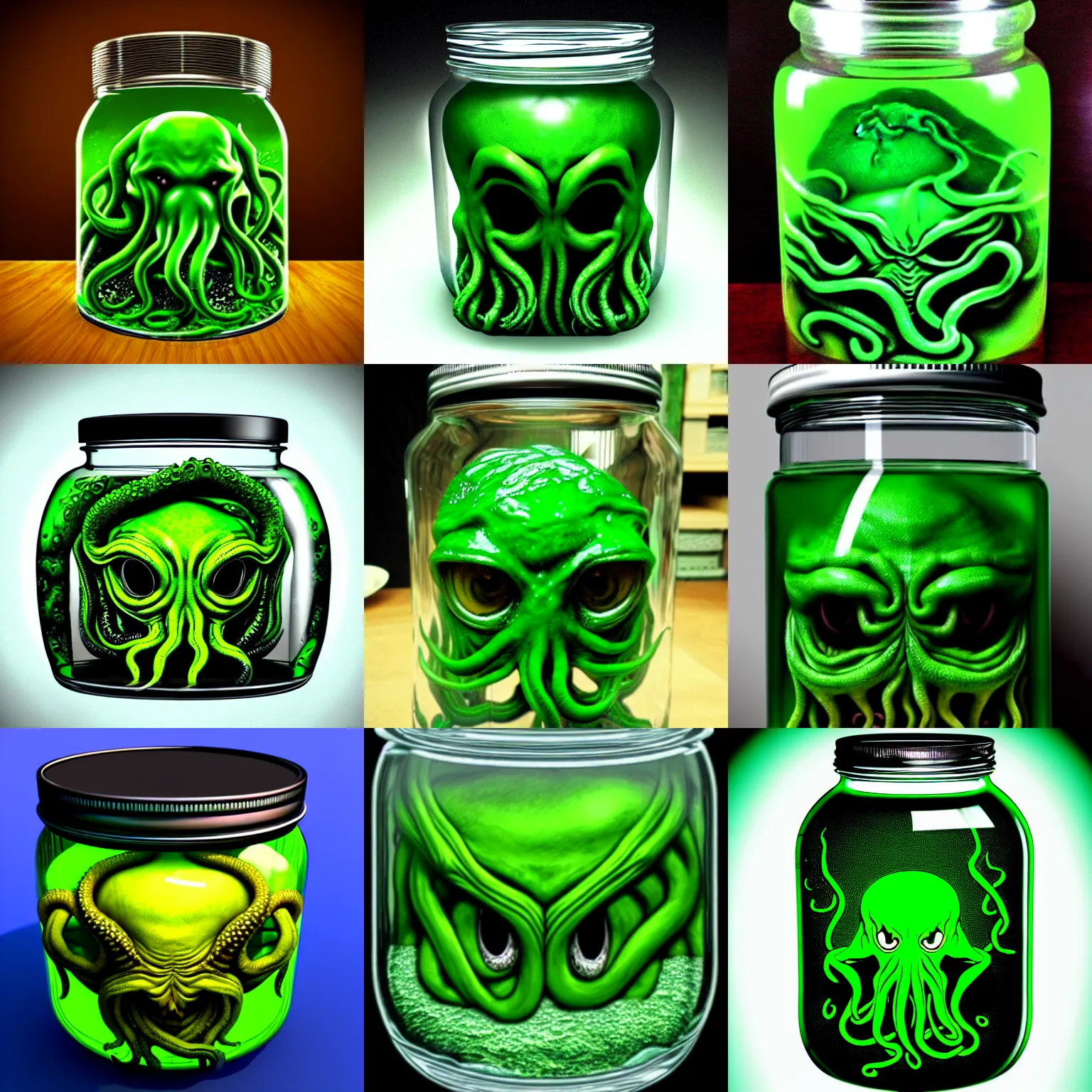 Prompt: Cthulhu face floating in glass jar, ultra realistic, green wet skin, slimy, tentacles, highly detailed, lovecraftian