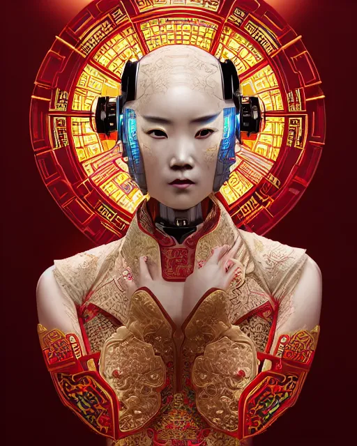 Image similar to portrait of a chinese cyberpunk machine, machine face, robed, upper half portrait, decorated with chinese opera motifs, regal, asian, fine china, wuxia, traditional chinese art intricate intense elegant 京 剧 highly detailed digital painting artstation concept art smooth sharp focus illustration, art by artgerm and greg rutkowski alphonse mucha 8 k