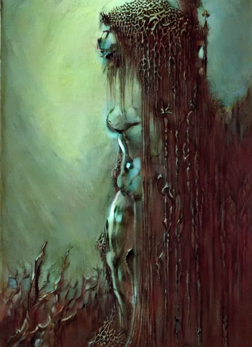 Prompt: majestic dark necromancer queen by Beksinski, Luis Royo