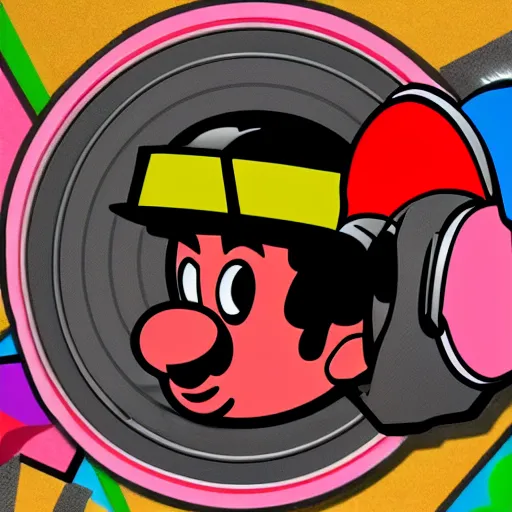 Image similar to svg sticker of a Pop-Wonder SuperMario, Mario-Wearing-a-red-hat, at a rave, spinning records, giant headphones rocking out, wearing headphones, huge speakers, dancing, rave, DJ, spinning records, digital art, amazing composition, rule-of-thirds, award-winning, trending on artstation, featured on deviantart