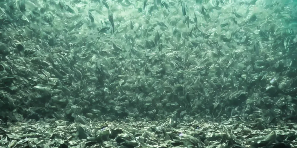 Prompt: fish covered in plastic underwater in the ocean in an eerie feeling and looking dystopian, the sunlight is in rays through the water