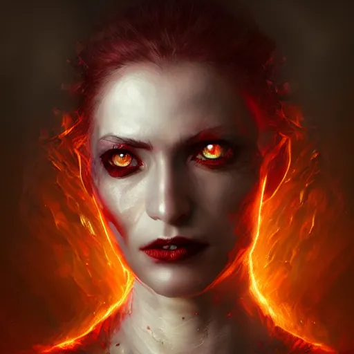 Image similar to portrait of burning woman, fire, blood red eyes, vampire fangs, fantasy, intricate, elegant, highly detailed, digital painting, artstation, concept art, matte, sharp focus, illustration, octane render, unreal engine, art by aenaluck and roberto ferri and greg rutkowski, epic fantasy, digital painting